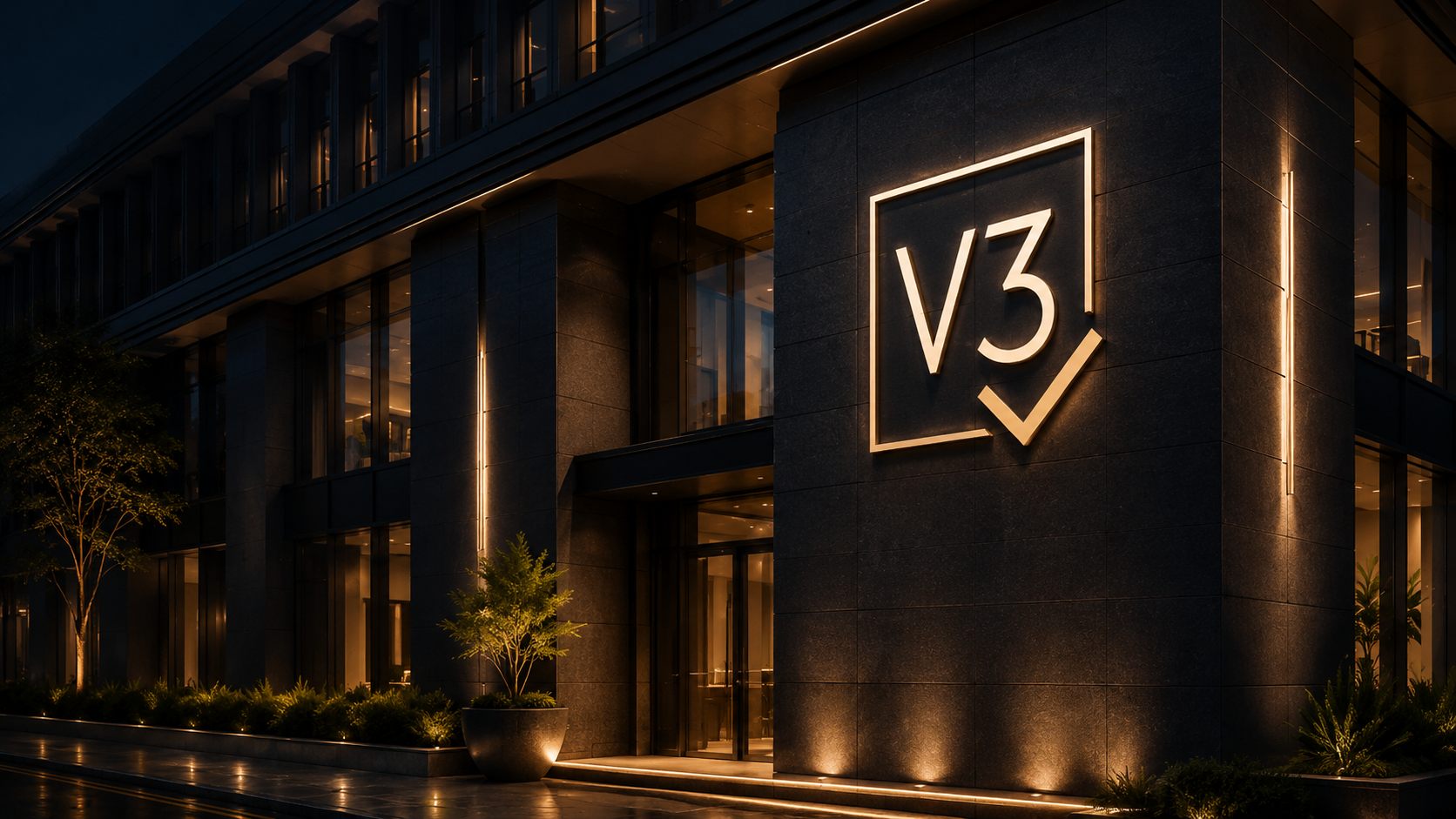 Fachada corporativa com assinatura visual V3 Licitações